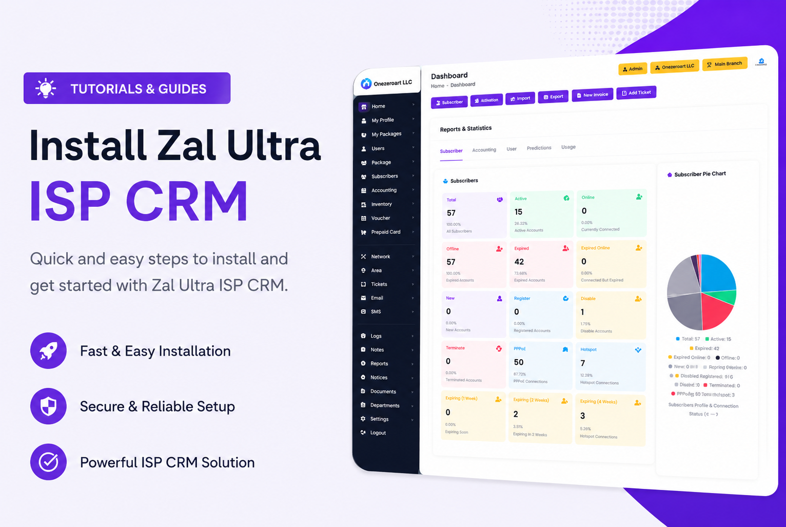 Zal Ultra ISP CRM installation on Ubuntu VPS terminal with admin dashboard preview